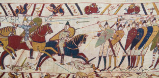The Bayeaux Tapestry tells the story of the Norman Conquest