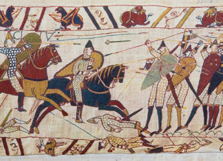 The Bayeaux Tapestry tells the story of the Norman Conquest