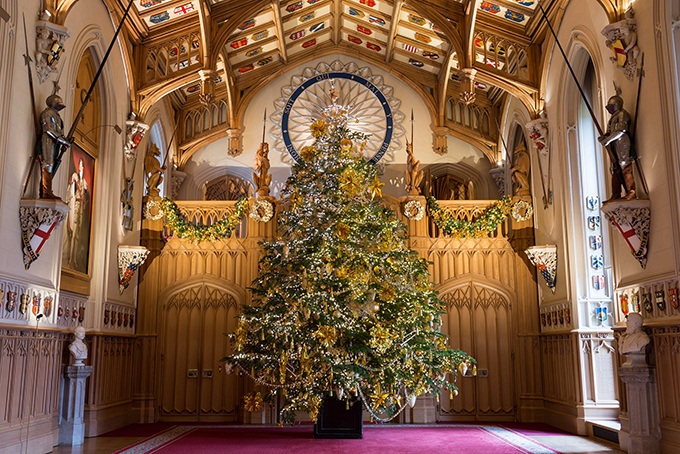 The Christmas tree in St George’s Hall, Windsor Castle. Britsih Christmas celebrations 2017