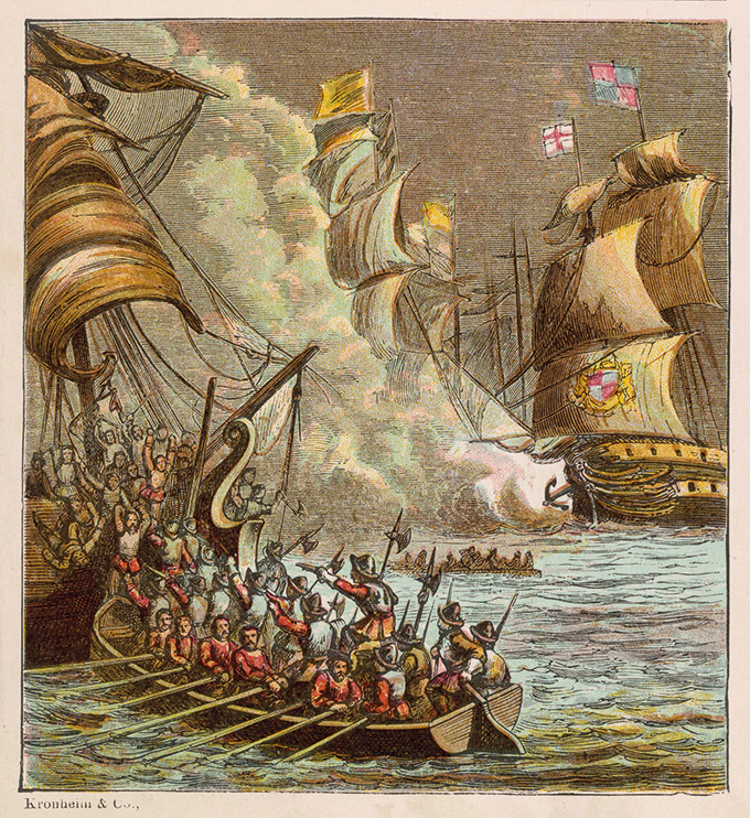 The Spanish Armada is defeated by the sailors of the English fleet in the Channel