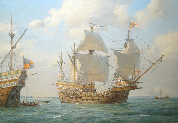 Here is a painting by Geoff Hunt, of the Mary Rose in battle in the solent.
