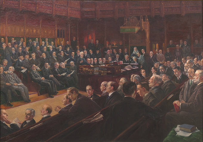 House of Commons 1914, oil on canvas by Leopold Braun, WOA 2949 Credit: Palace of Westminster Collection. www.parliament.uk/art | Parliament and the First World War | Westminster | Houses of Parliament