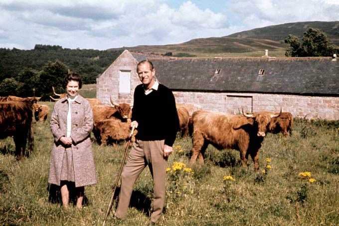 Queen Elizabeth II and the Duke of Edinburgh during a visit to a farm on their Balmoral estate, to celebrate their Silver Wedding anniversary