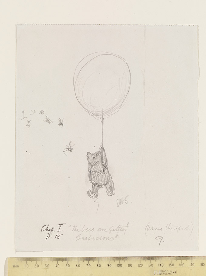 'The bees are getting suspicious', Winnie-the-Pooh chapter 1, pencil drawing by E. H. Shepard