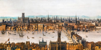 London from Southwark, c.1630. Old London Bridge is in the right foreground and old St Paul's Cathedral on the skyline to the left. This is one of the few remaining pictures showing the city before the Great Fire. photoS: Credit: Digital Image Library / Alamy