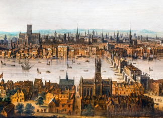London from Southwark, c.1630. Old London Bridge is in the right foreground and old St Paul's Cathedral on the skyline to the left. This is one of the few remaining pictures showing the city before the Great Fire. photoS: Credit: Digital Image Library / Alamy