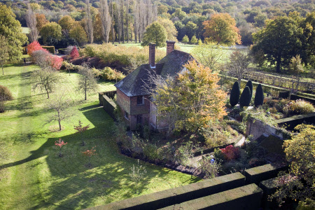 View from the Elizabethan Tower over the South Cottage in October, at Sissinghurst Castle Garden, Kent.