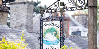 The Swan at Hay-on-Wye signpost, cosy inn in the literary town of Hay-on-Wye, Wales