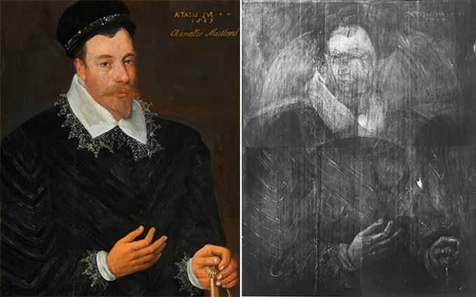 Adrian Vanson’s Sir John Maitland, 1st Lord Maitland of Thirlestane (1589) and an X-ray view which reveals a portrait hidden underneath the top paint layers
