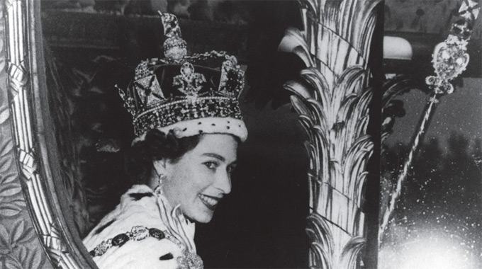 Queen Elizabeth II arrives at Buckingham Palace on Coronation Day, 2 June 1953