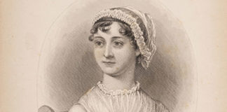 Engraved portrait from A Memoir of Jane Austen by JE Austen-Leigh, on display as part of the Jane Austen by the Sea exhibition, Royal Pavilion, Brighton. Jane Austen 200 anniversary events 2017